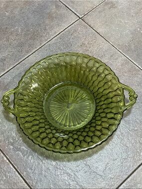 Indiana Glass Olive Green Pressed Glass Serving Bowl with Handles